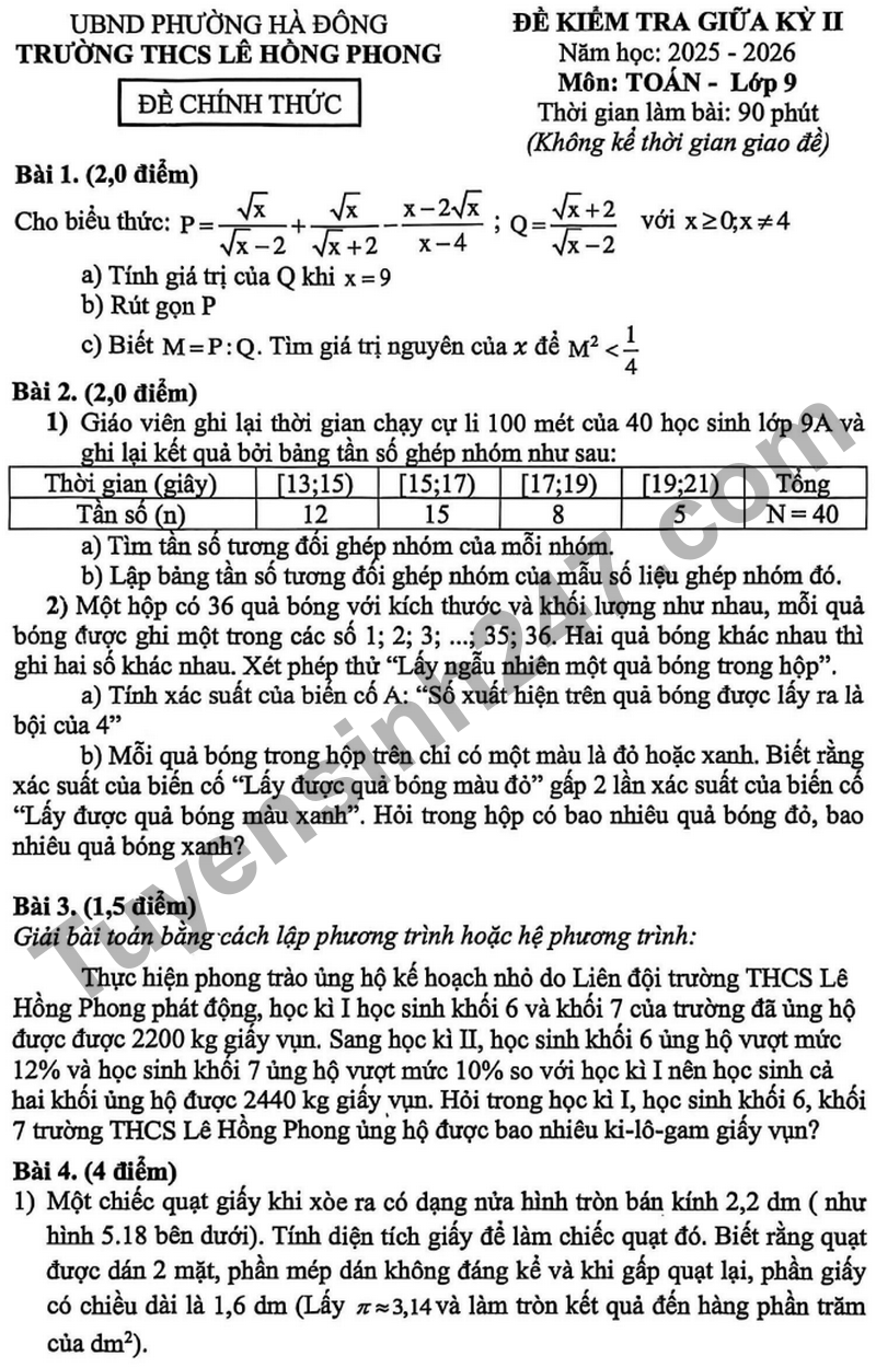 De giua hoc ki 2 Toan 9 truong THCS Le Hong Phong nam 2026