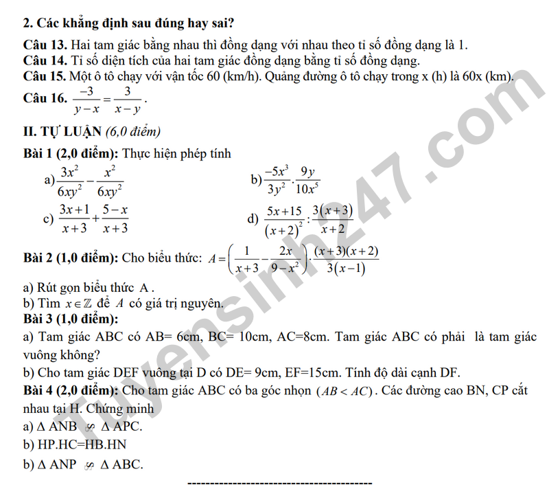 De giua ky 2 Toan 8 truong THCS Que Thuan nam 2026 (Co dap an)