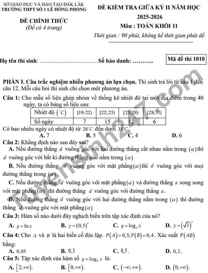 De giua ki 2 Toan 11 truong THPT Le Hong Phong 1 nam 2026