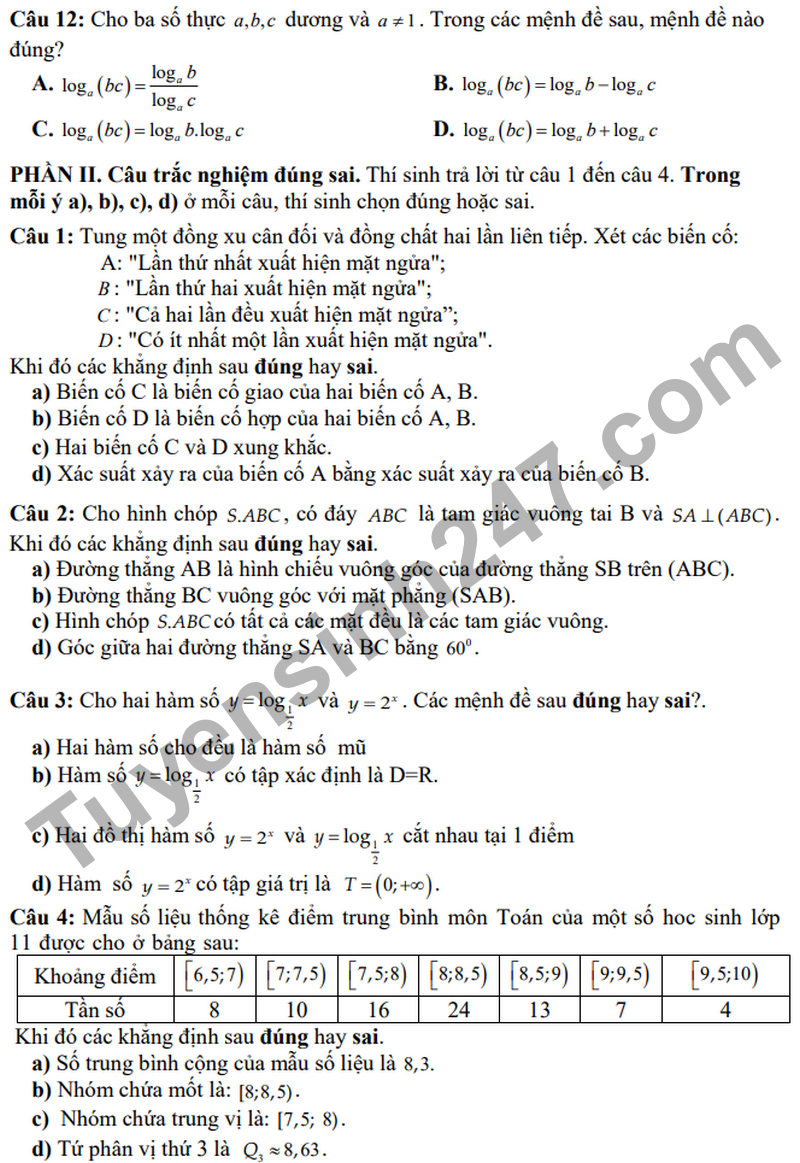 De giua ki 2 Toan 11 truong THPT Le Hong Phong 1 nam 2026