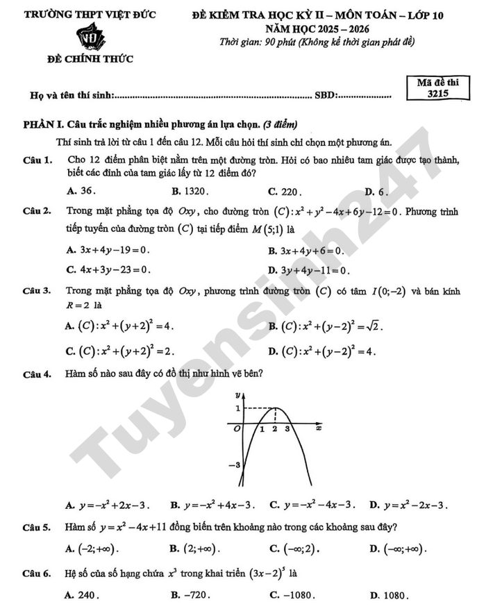 De thi hoc ki 2 nam 2026 THPT Viet Duc - lop 10 mon Toan