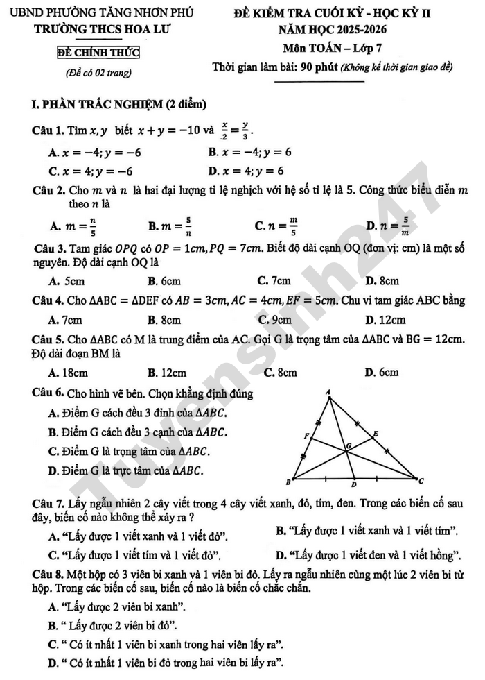 De thi cuoi ki 2 mon Toan lop 7 THCS Hoa Lu 2026