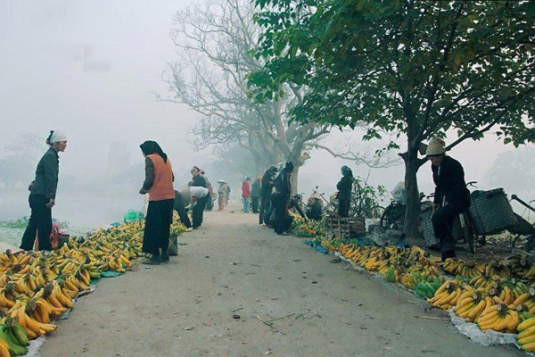 Hình ảnh bình yên của chợ quê sáng sớm.