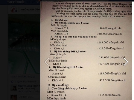 Lãnh đạo trường ĐH Công nghiệp TPHCM cho biết chưa công bố chính thức nhưng do sơ suất của phòng Tài chính kế toán sinh viên đã xem được phần học phí mới