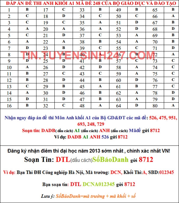 Dap an de thi dai hoc mon anh khoi A1 nam 2013