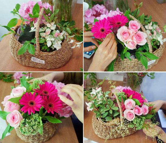 Cắm giỏ hoa với sắc hồng lãng mạn