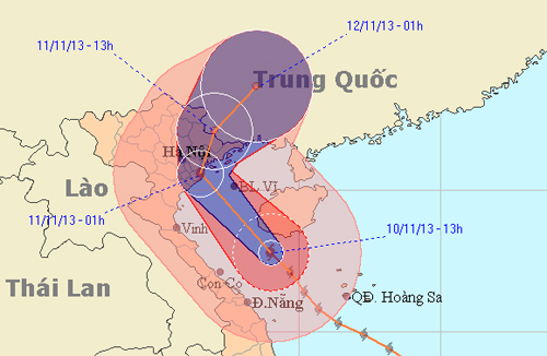 Dự báo đường đi của bão Haiyan. Ảnh: .nchmf.