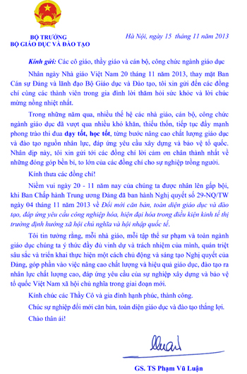 Bo truong Giao duc gui thu chuc cac thay co giao ngay 20/11