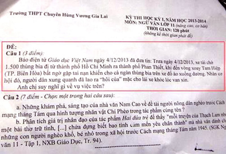 Đề thi học kỳ 1 môn ngữ văn lớp 11 đề cập vụ hôi bia.
