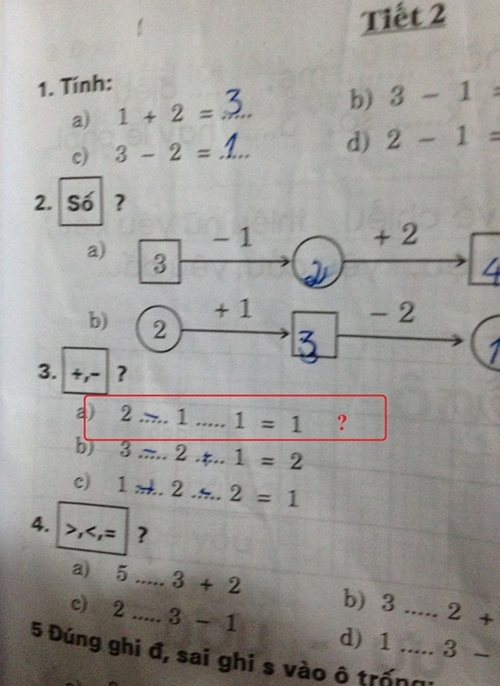 Nội dung bài toán cộng trừ lớp 1 gây bức xúc. Ảnh: FB