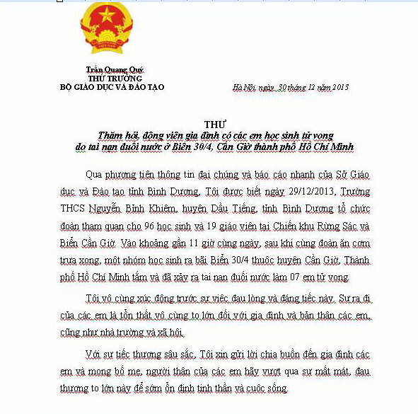 Bo GD&DT gui thu chia buon den gia dinh 7 hoc sinh bi chet duoi