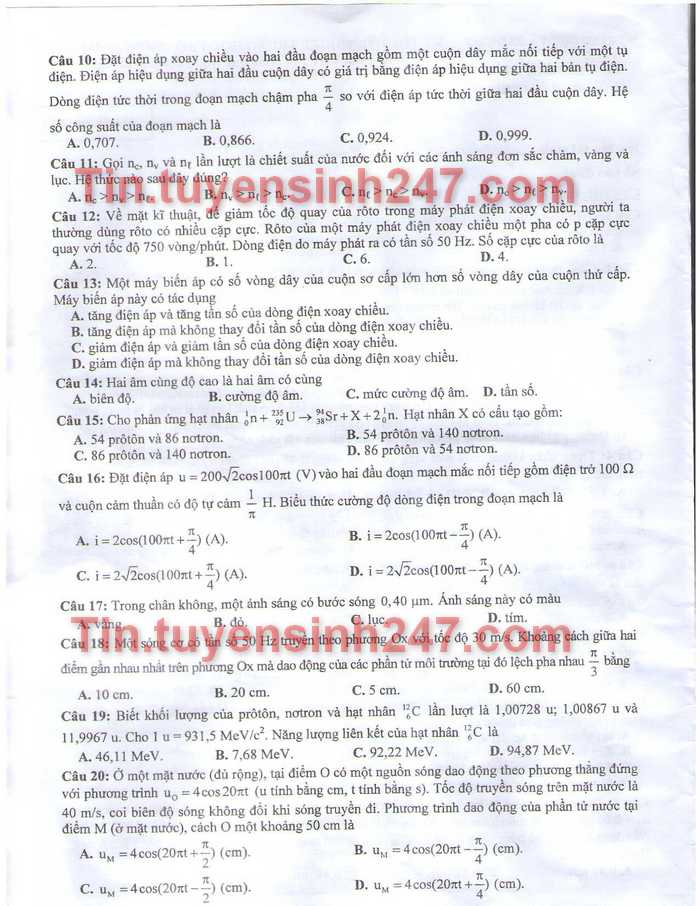 Dap an de thi tot nghiep mon Ly nam 2014 ma de 547