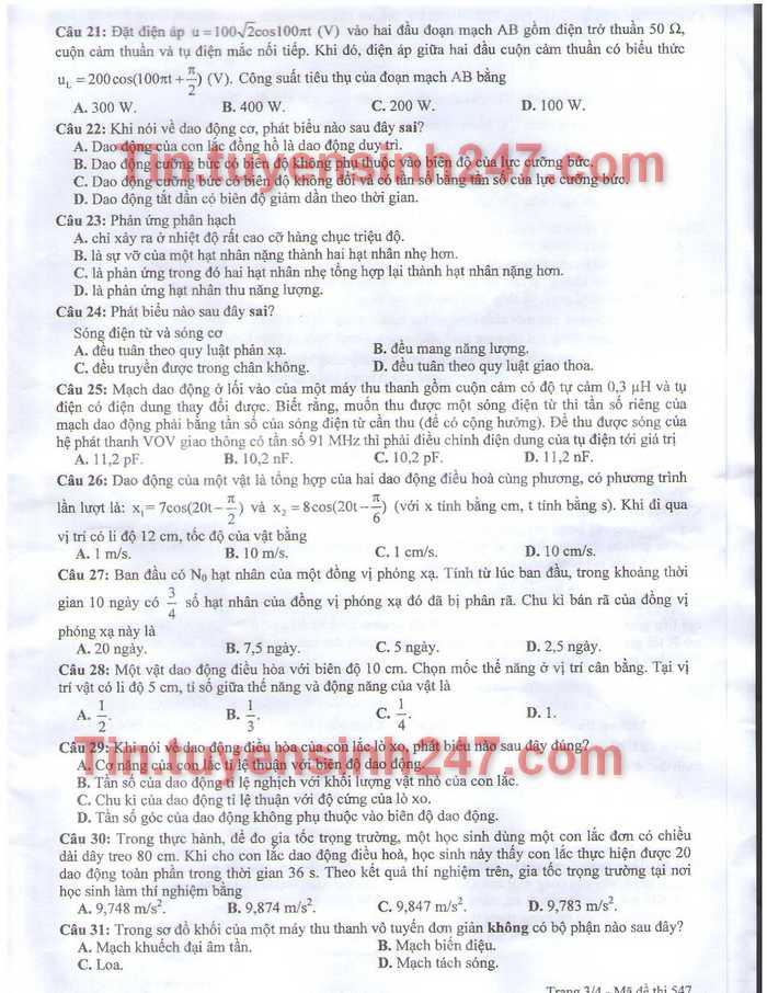 Dap an de thi tot nghiep mon Ly nam 2014 ma de 547