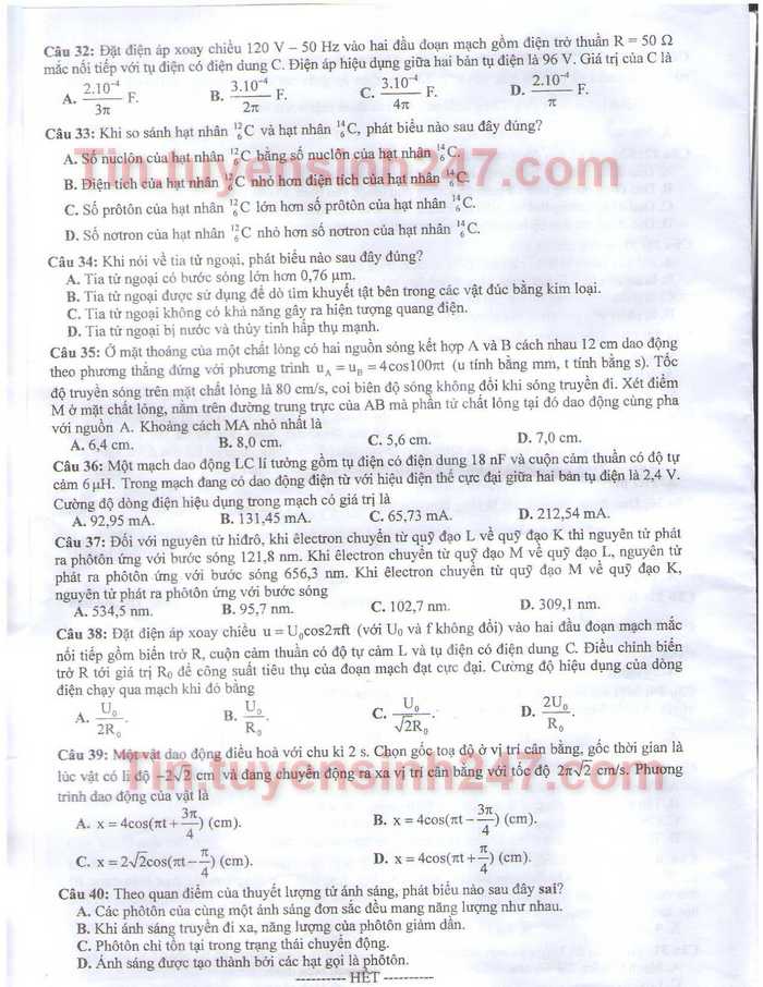 Dap an de thi tot nghiep mon Ly nam 2014 ma de 547