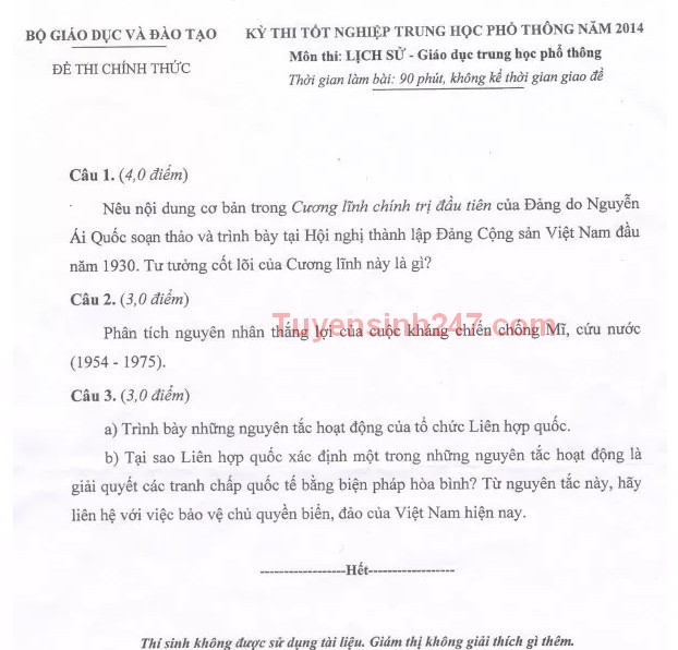 Dap an de thi tot nghiep mon Su nam 2014