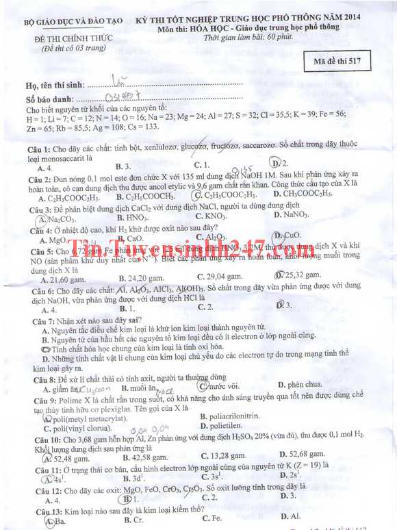 Dap an de thi tot nghiep mon hoa nam 2014 ma de 517