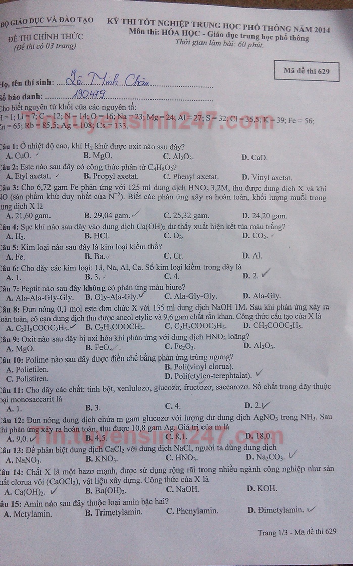Dap an de thi tot nghiep mon hoa nam 2014 ma de 629