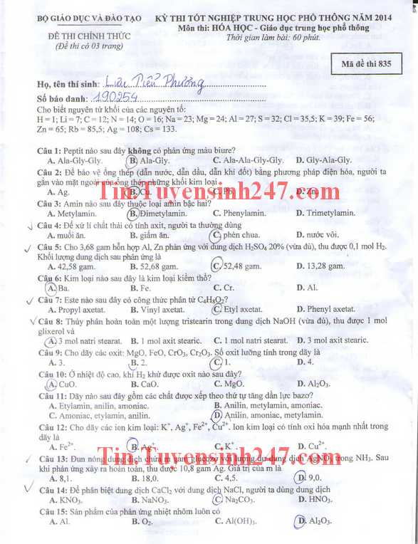 Dap an de thi tot nghiep mon hoa nam 2014 ma de 835