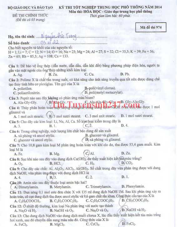 Dap an de thi tot nghiep mon hoa nam 2014 ma de 974