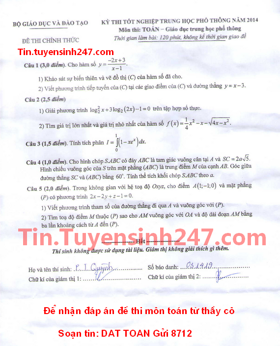 Dap an de thi tot nghiep mon toan nam 2014