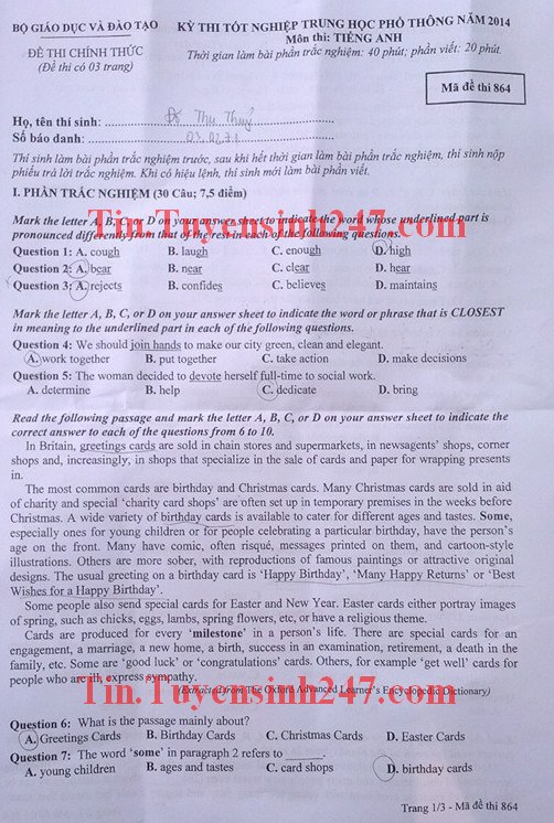 Dap an de thi tot nghiep mon Anh nam 2014 ma de 864