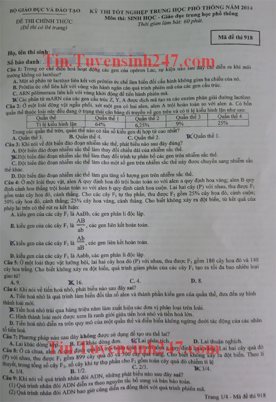 Dap an de thi tot nghiep mon Sinh nam 2014 ma de 918