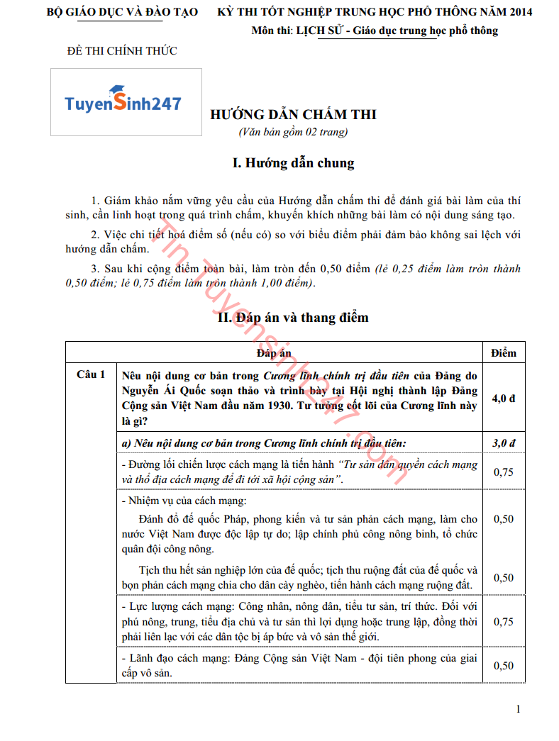 Dap an de thi tot nghiep mon Su cua Bo GD&DT nam 2014