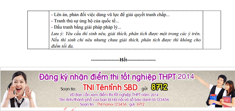 Dap an de thi tot nghiep mon Su cua Bo GD&DT nam 2014