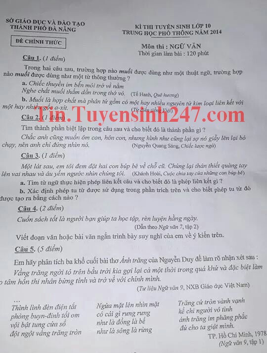 Dap an de thi vao lop 10 mon Van TP Da Nang nam 2014