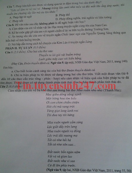 Dap an de thi vao lop 10 mon Van Hai Phong nam 2014