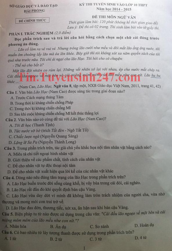 Dap an de thi vao lop 10 mon Van Hai Phong nam 2014