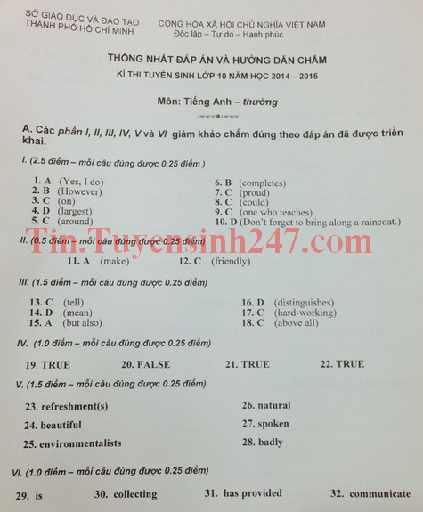 Dap an de thi vao lop 10 mon Tieng Anh TPHCM nam 2014