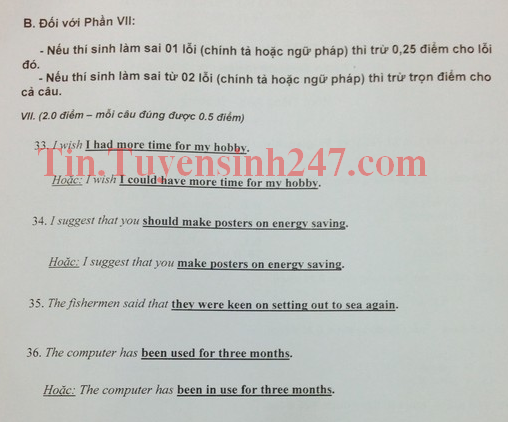 Dap an de thi vao lop 10 mon Tieng Anh TPHCM nam 2014