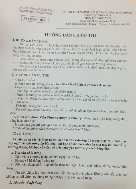 Dap an de thi vao lop 10 mon Van TPHCM nam 2014