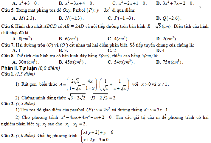 Dap an de thi lop 10 mon Toan tinh Nam Dinh 2014