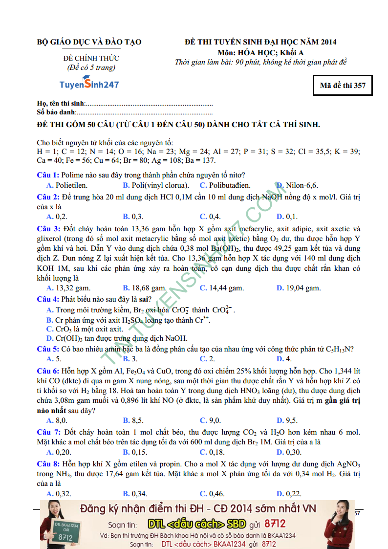 De thi mon hoa khoi a ma de 357