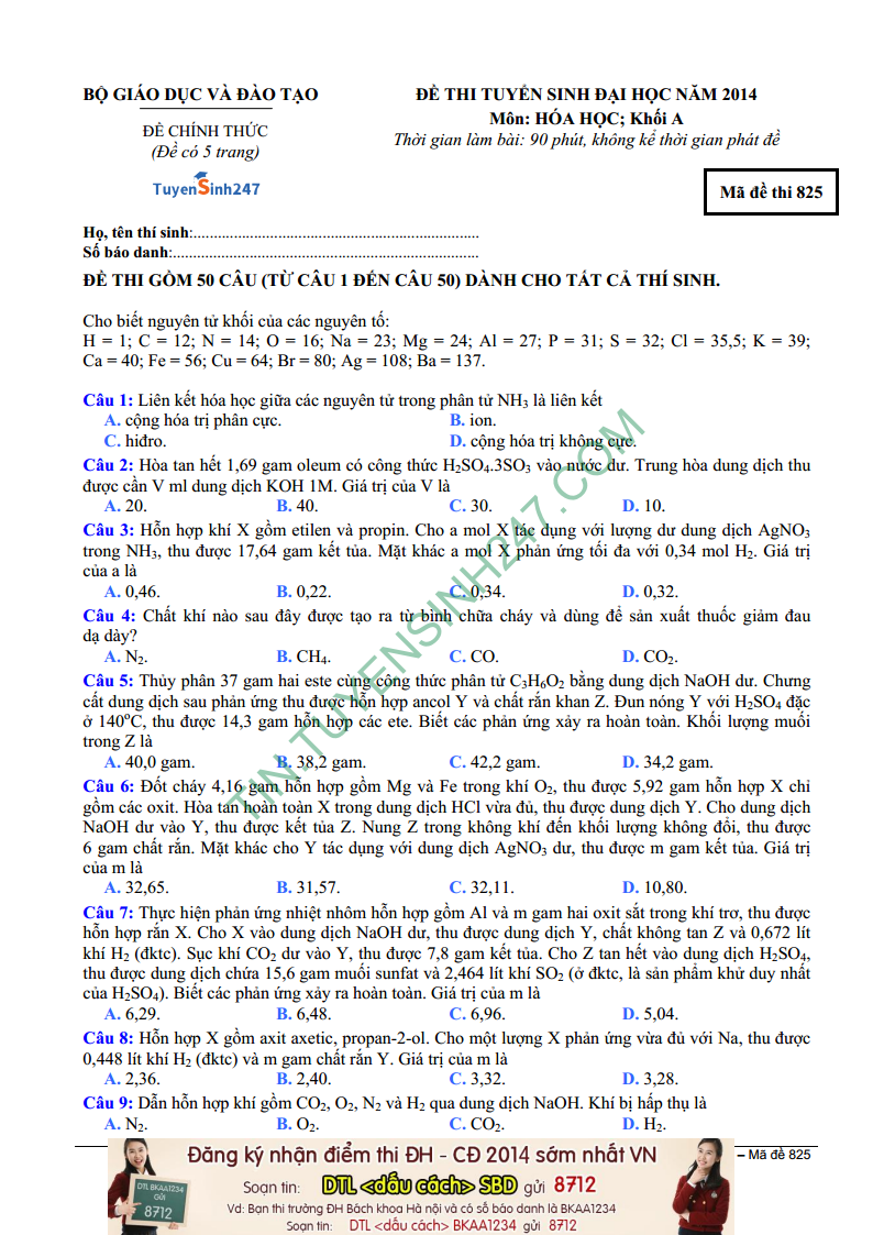 Dap an de thi mon Hoa khoi A nam 2014 - ma de 825