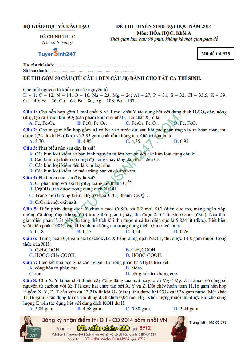 Dap an de thi mon Hoa khoi A nam 2014 - ma de 973