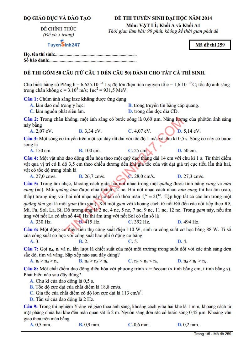 Dap an de thi mon Ly khoi A, A1 nam 2014 cua Bo Giao duc