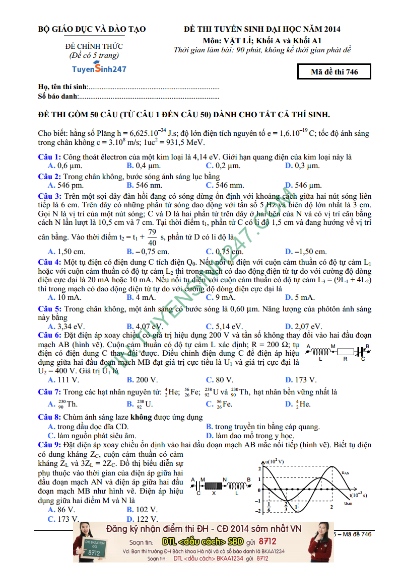 Dap an de thi mon Ly khoi A nam 2014 - ma de 746