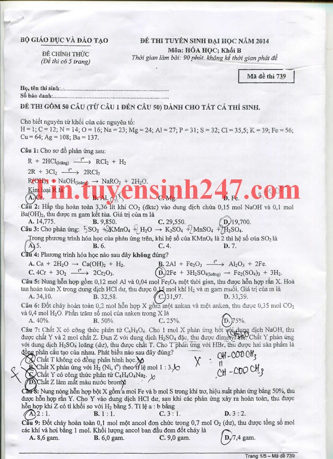 Dap an de thi mon Hoa khoi B nam 2014 - ma de 739