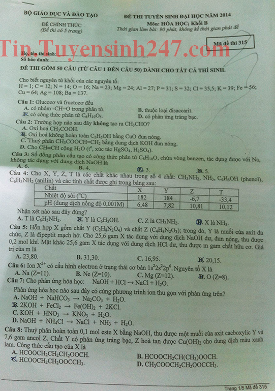 Dap an de thi mon Hoa khoi B nam 2014 - ma de 315