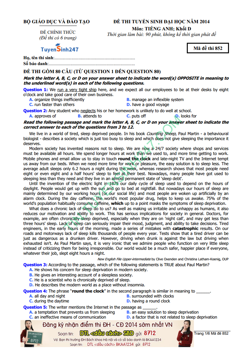 Dap an de thi mon Anh khoi D nam 2014 ma de 852