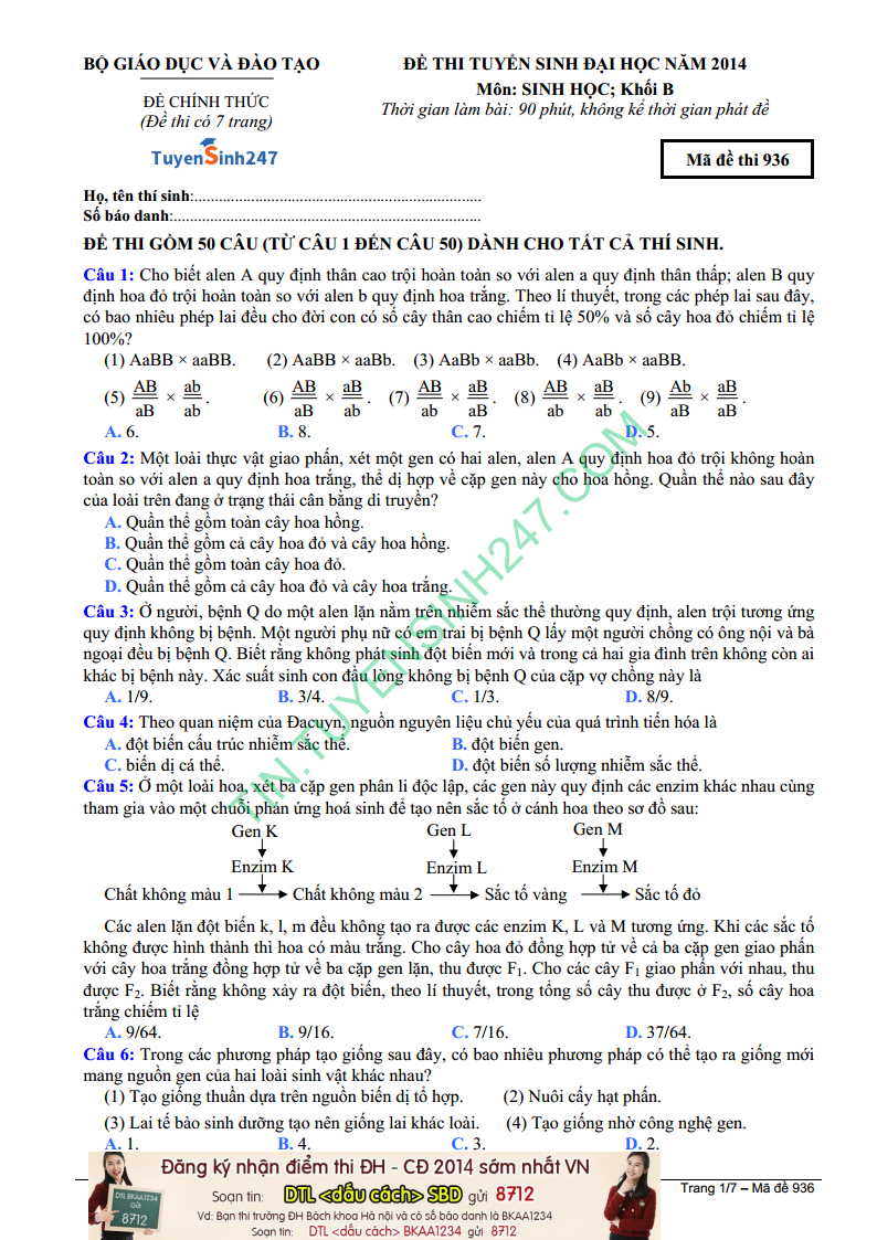 Dap an de thi mon Sinh khoi B nam 2014 - ma de 936