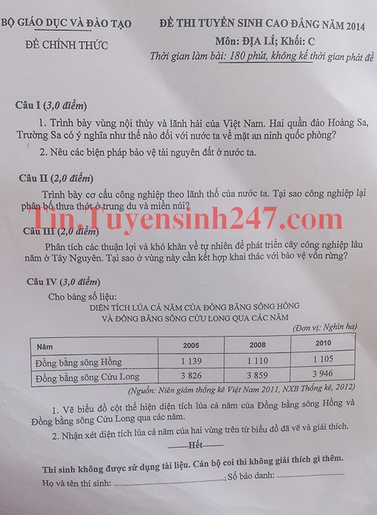 Dap an de thi cao dang mon Dia khoi C nam 2014