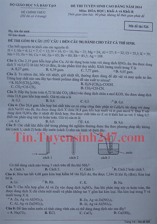 Dap an de thi cao dang mon Hoa khoi A,B nam 2014 - ma de 526