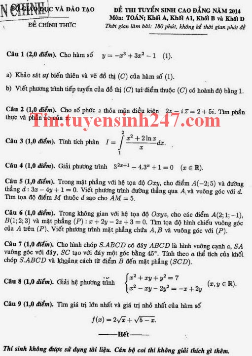 Dap an de thi cao dang mon toan khoi A, A1, B, D nam 2014