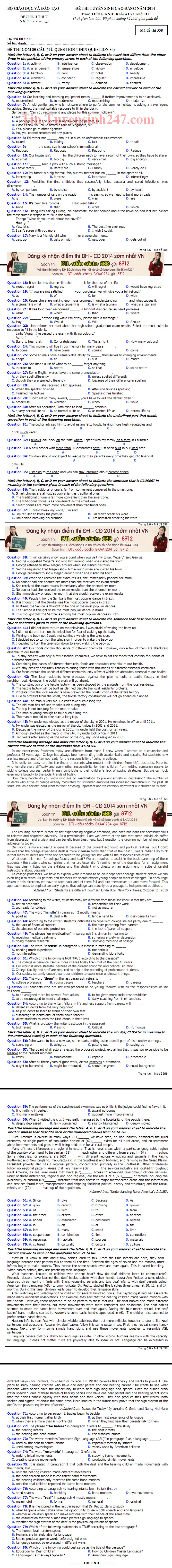 Dap an de thi cao dang mon Anh khoi A1, D nam 2014