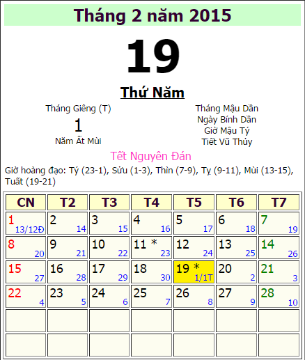 Tet 2015 vao ngay may duong lich?
