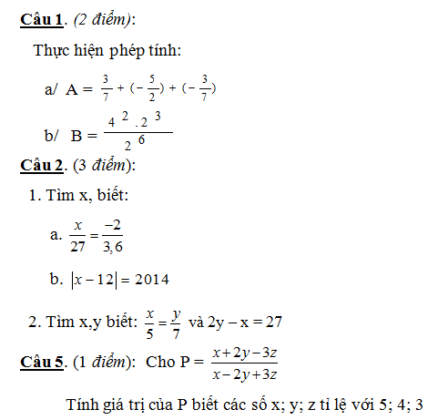 De thi giua hoc ki 1 lop 7 mon Toan nam 2014